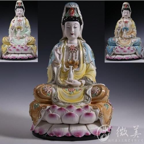 12 inch underglaze Guanyin sitting on the lotus ceramic handicrafts Avalokitesvara Buddha Buddhist painting activities