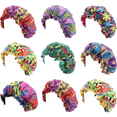 African Print Satin Elastic Bonnet Kids Girls Double Deck Night Sleep Cap Hair Care Hat Headwear Turban Children Cover 2-6 Years