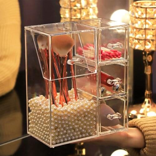 Mordoa Acrylic Makeup Brush Organizer with 3 Drawers Cotton Pads/Beauty Makeup Storage Jewelry Display Box Cosmetics Organizer