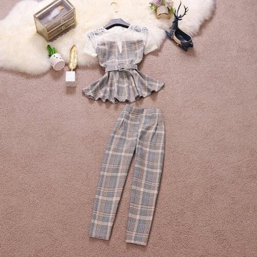 Amolapha Women Workwear Clothing Suits Lace Patchwork Plaid Ruffles Short Sleeeve Tops+High Waist Straight Calf-Length Pant