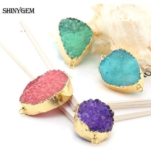 ShinyGem Natural Druzy Crystal Stone Pendant Connector Irregular Gold Plating Chakra Bangles For Women DIY Jewelry Making