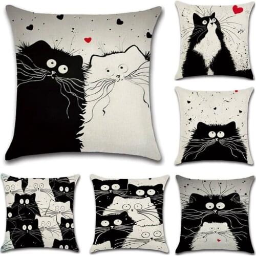 Black and White Cat Printed Throw Pillow Case Cotton Linen Cute Cat Pillowcase Decorative Pillowcases Cover kussensloop ZT252