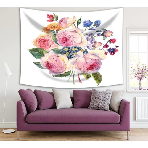 Tapestry Roses and Wildflowers Bouquet Botanical Vintage Floral Artwork Pink Green Blue