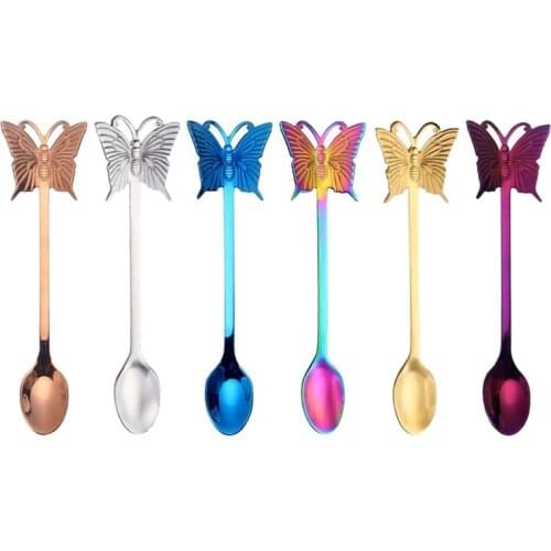 Hot YO-6-Pack Coffee Spoons Rainbow Colorful Teaspoon Dessert Espresso Stainless Steel Stirring Spoon(Butterfly)