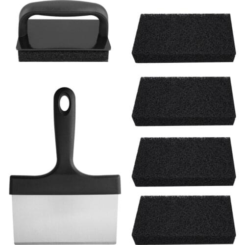 Barbecue Grill Griddle Cleaning Kit Handy Stainless Steel Food Scraper Combined with 4 Abrasive Anti-Grease Scouring Pads Tool
