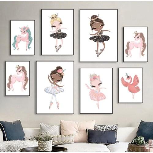 Painting Wall Art Poster Pink Print for Girls Bedroom Cute Cartoon Ballet Dancing Girl Picture Sweet Home Decor Nordic Canvas