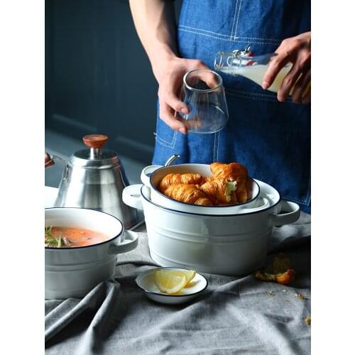 Ceramic Binaural Bowl Household Ceramic Tableware Fashion Western Restaurant Large Soup Bowl Deep Soup Pot
