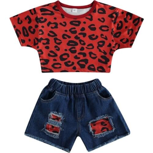 Girls Two Pieces Set Summer Children Leopard Print Crop Tops Short Sleeve Shirts Elastic Waist Shorts Holiday Casual Outfits