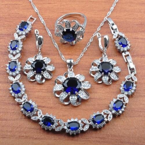 Bridal jewelry set blue crystal zirconia silver color wedding jewelry earrings ring necklace set for evening dress JS0351
