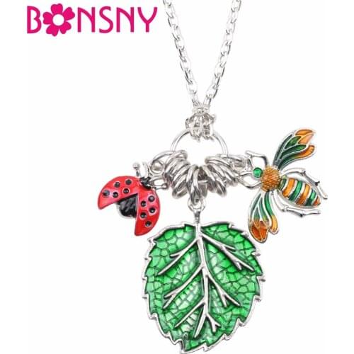 Bonsny Tropics Summer Collection Alloy Green Leaf Bee Beatles Necklace Chain Enamel Jewelry Statement Pendant Charm NEW 2018