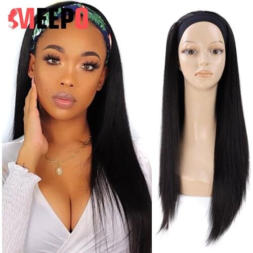 MEEPO 28inch70cm Long Straight Headband Wig Synthetic Fake Hair Wig With Ice Headband Wrapfor African Women Black Color