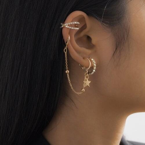 Fashion Punk Circle Ear Cuff Retractable Earrings for Women Gold Handcuff Chain Piercing Star Crystal Hoop Earring Jewelry