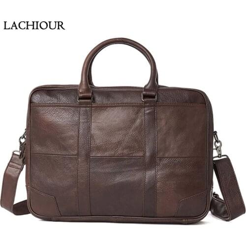 Lachiour Men Real Genuine Leather Handbags Brand Cowhide Business Briefcase Mens Office Documents Crossbody Bag for Computer