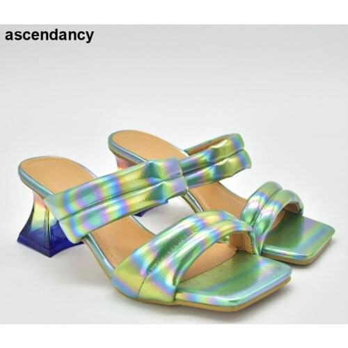 Latest Green Color Ladies Sexy Low Heels Women Pumps High Quality Slip on Women Summer Slipper Shoes Decorated with Rhinestone