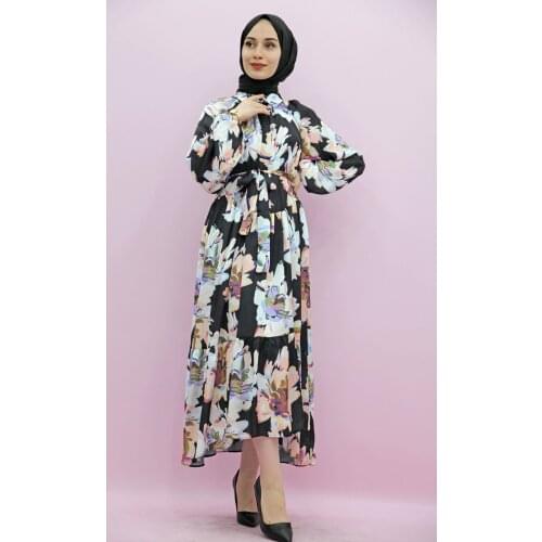 New Season Muslim Fashion Hijab Summer Front Button Satin Dress Black