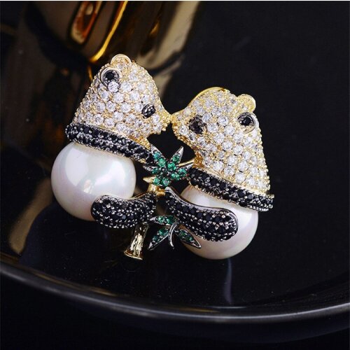 OKILY Chinoiserie Pearl Panda Brooch Sweater Coat Shawl Pin and Brooches for Women Xmas Thanksgiving Day Accessories Brooch