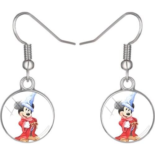 Disney Mickey Mouse Mickey Pendant Earrings Handmade Glass Cabochon Fish Hook Art Earrings Jewelry Ladies Accessories
