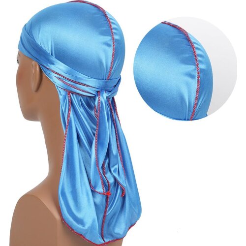 Sliky Mens Durag Hip-Hop Bandanna Cap Rapper Unisex Solid Satin Turban Hat Elastic Headband Women Du-rag Long Tail Pirate Hat