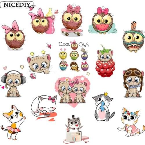 DIY Cute Owls Animal Iron on Patches Cat Heat Transfer Stickers Thermo Transfer for Clothes Kids DIY Tops Tshirt Decor Badge