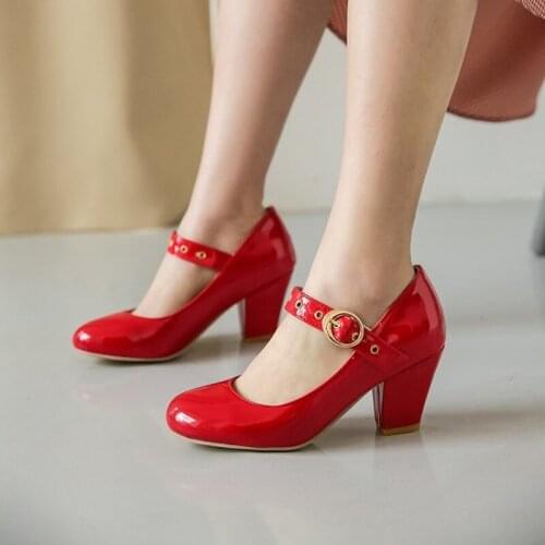 Elegance Vintage Square Heels Buckle Strap Office Pumps Women Platform Spring Autumn Shoes Woman Red Party Dating Ladies Shoes