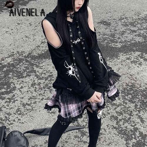 Harajuku Punk Gothic Girls Streetwear Mini Skirt Off Shoulder Sleeve Dark Black Printed Hooded Sweatshirt Female Suit AFC1014