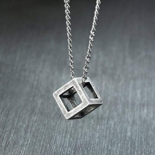 Modyle Silver Color Punk Vintage Hollow Stainless Steel Square Pendant Necklace for Men Woman Wholesale