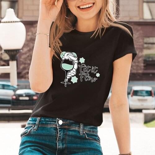 Disney Women T-Shirts Wine Glass Princess Series Letters Pattern Kawaii Dropship Black White Summer New Short Sleeve Comfortable