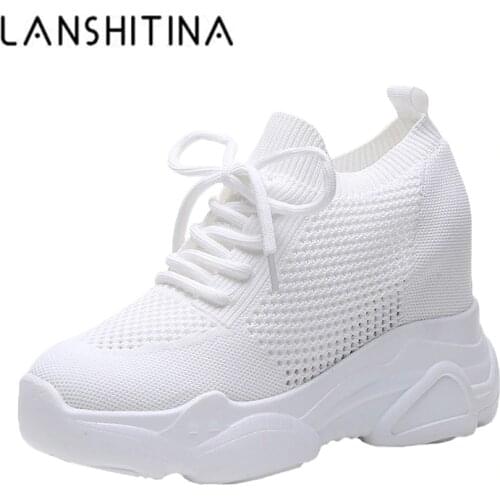 Fashion 2020 Autumn High Platform High Heels Women Thick Sole Shoes 10CM Heels Wedge Sneakers Breathable Mesh Casual Shoes Woman