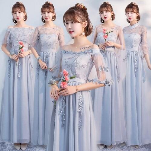 Women A-Line Ankle-Length Floral Belt Mesh Hollow Out Gray Pink Solid Color Company Annual Meeting Bridesmaid Dresses 9948