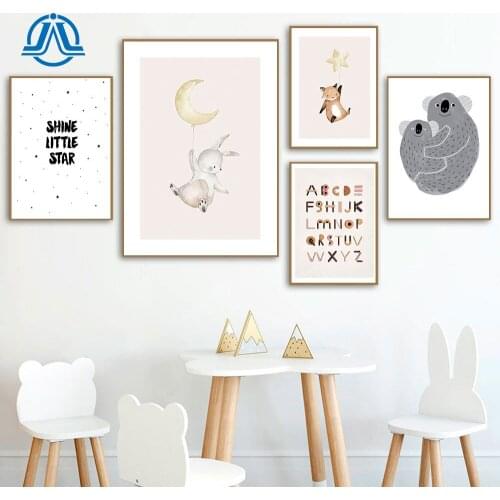 Cartoon Canvas Painting Moon And Star Rabbit Posters And Prints Wall Art ABC Quote Picture For Kids Room On The Wall Home Decor