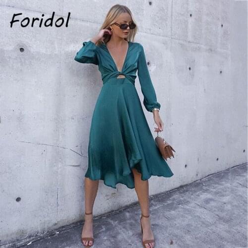 Foridol Bowknot Lantern Sleeve Satin Dress Party Irregular Maxi Dress Spring Autumn Christmas Green Dress Vestidos De Fiesta