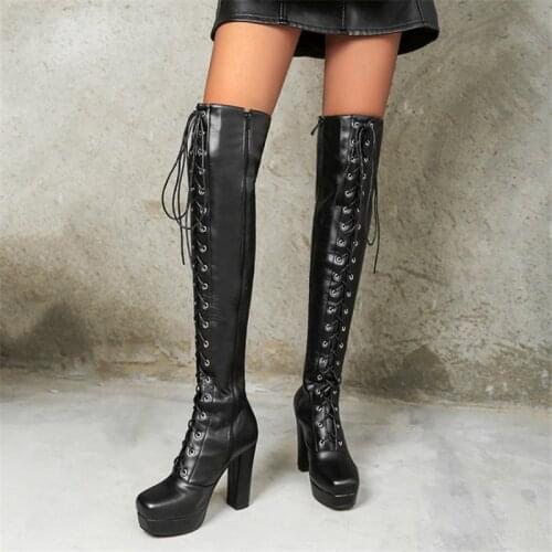 PXELENA Hot Rome Lace Up Riding Knight Over The knee Boots Women PU Leather Heels Motorcycle Thigh High Boots Winter Shoes 34-45