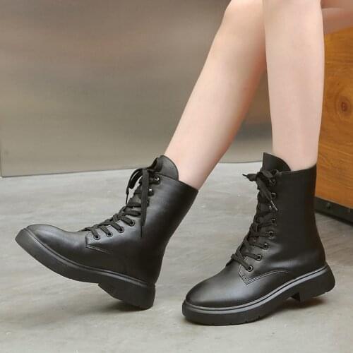 Fad Vogue Ankle Boots for Women Shoes Woman Solid Black Leather Boots Winter Shoes Lace Up Snow Boots Female Martin Boots