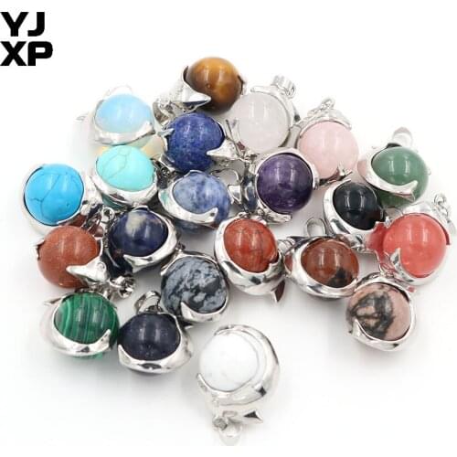 YJXP Cute Round Beads Dolphin Pendants for Necklace Natural Stones Purple Amethysts Rose Pink Quartzs Charms Jewelry Gift 1 Pc