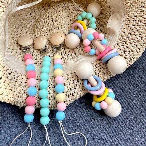 Baby Teether Toys Beech Wooden Rattle Teething Pacifier Chain Rodent Ring Silicone Beads Chew Play Gym Montessori Stroller Toy