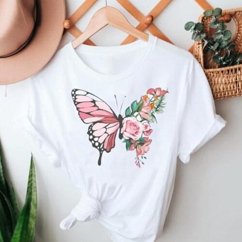 Women Summer Tshirts Butterfly Floral Cartoon Beach Fashion Short Sleeve Clothes Stylish T Top Lady Print 2021 Tee T-Shirt