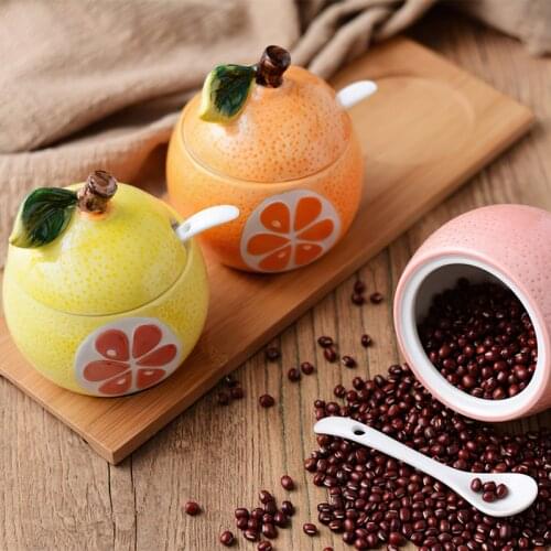 Ceramic Seasoning Jar Seasoning Container Yellow Lemon Sugar Salt Pepper Spoon Condiment Bottle Kitchen Supplies Spice Organizer