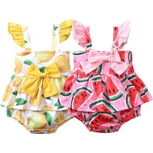 2021 Lovely Baby Girls Watermelon/Lemon Print Ruffled Sleeveless Jumpsuit with Bowknot for Baby Girls, 0-12 Months
