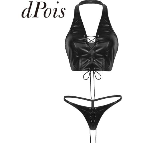 2Pcs Women Bikini Lingerie Sets Faux Leather Lace Up Halter Crop Tops with Low Rise Mini G-string Thong Sexy Panties Underwear