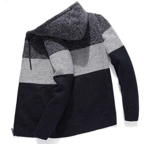 Korean Hooded Sweater Clothes For Men Fleece Knitted Striped Mens Hoodies Cardigan Coat Winter Zipper Oversized Sweater Hombre