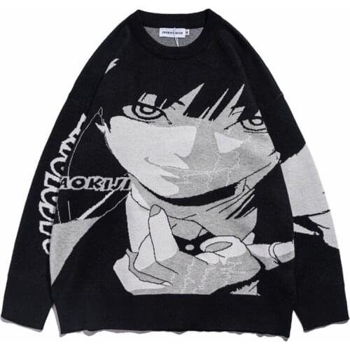 Harajuku Handsome Pullover Sweater Oversized Japanese Anime Cartoon Style Men and Women Print Knitted Sweater Long Sleeves Tops