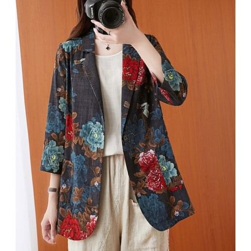 Fashion Print Blazers Coats Women 2021 New Slim Suit Coats Vintage Cotton and linen Blazers Jackets Womens Clothing Casual Coats