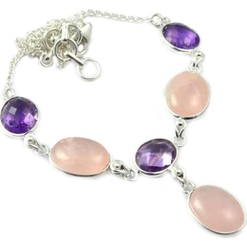 NiaoZaiFei YunZaiKan Nature Rose Quartz & Amethyst Necklace 925 Sterling Silver, 44.5 cm, MHBNE0031