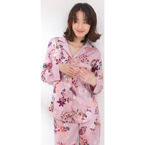 Autumn Woman Pajamas Long-sleeved Imitation Silk Girl Sweet Pyjamas Loungewear Printing Sleepwear Sexy Satin Pijama Home Clothes