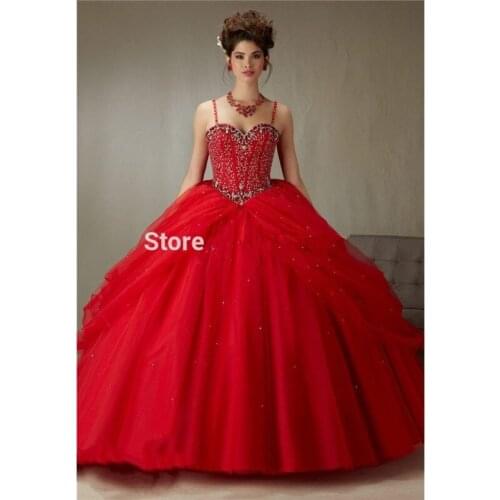 Puffy Red Cheap Quinceanera Dresses Ball Gown Spaghetti Straps Tulle Beaded Crystals Sweet 16 Dresses