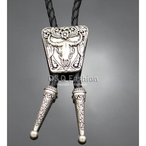 Retro Silver Plated Texas Bull Buffalo Longhorn Skull Rodeo Western Necklace Bolo Tie Jewelry New Necklace