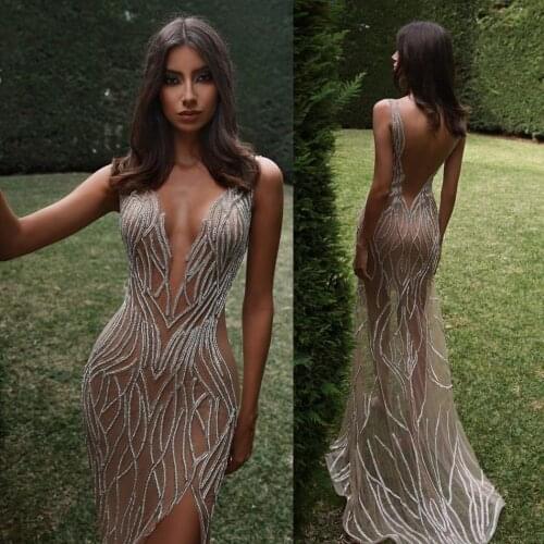 Silver Evening Dresses Deep V Neck Beads High Side Split Sleeveless Mermaid Prom Dress Backless Robes De Mariée