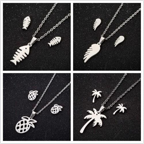 Oly2u Vintage Gothic Fish Bone Stainless Steel Jewelry Sets Women Fashion 2019 Pineapple Earrings Necklaces