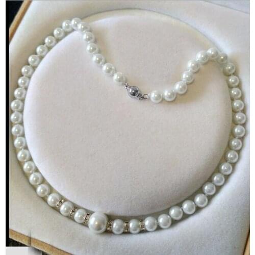 Woman classic jewelry necklace 8mm 12mm round bead white rhinestone Natural SOUTH SEA SHELL PEARL NECKLACE 18'' 45cm