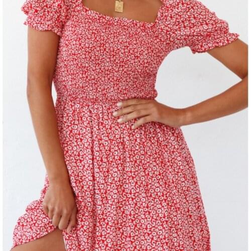 2021 Summer New Dress Sexy Square Neck Backless Elastic Waist Floral Print Dress Casual Holiday Beach Boho Red Short Dresses
